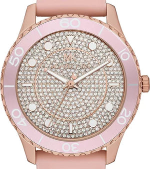 Michael Kors Runway Three Hand Crystal Pave Dial Pink Rubber Strap Watch For Women - MK6854 Authentic Buy Shop Now
