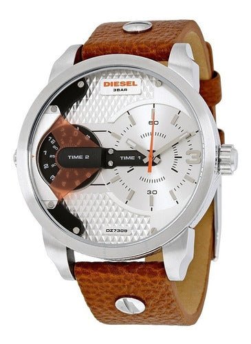 Diesel Mini Daddy Silver Dial Brown Leather Strap Watch For Men - DZ7309 Authentic Buy Shop Now