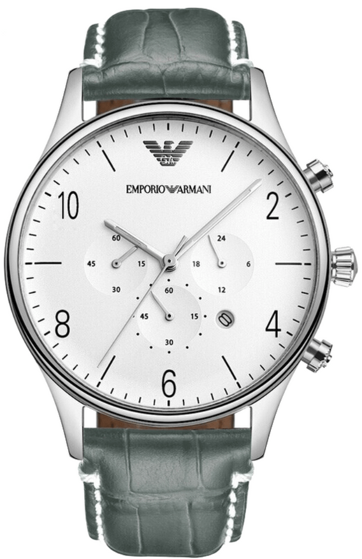 Emporio Armani Classic Chronograph Silver Dial Grey Leather Strap Watch For Men - AR1861 Authentic Buy Shop Now