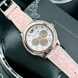 Michael Kors Multifunction Silver Dial Pink Leather Strap Watch For Women - MK7206 Authentic Buy Shop Now