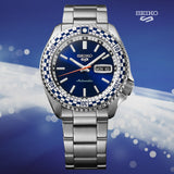 Seiko 5 Sports Petrol Blue Checker Flag Special Edition Blue Dial Silver Steel Strap Watch For Men - SRPK65K1 Authentic Buy Shop Now