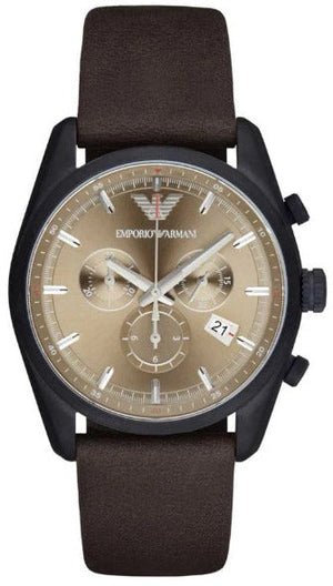 Emporio Armani Sportivo Chronograph Beige Dial Brown Leather Strap Watch For Men - AR6078 Authentic Buy Shop Now