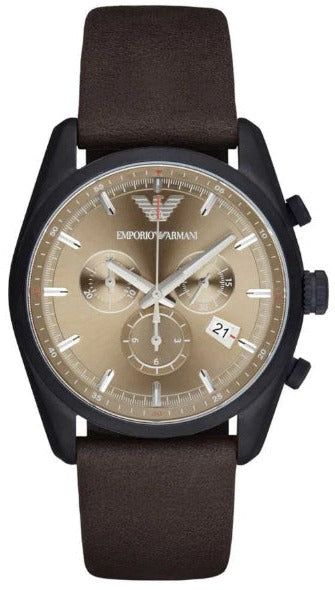Emporio Armani Sportivo Chronograph Beige Dial Brown Leather Strap Watch For Men - AR6078 Authentic Buy Shop Now