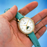 Fossil Jacqueline Analog Moonphase Mother of Pearl White Dial Green Leather Strap Watch for Women - ES5168 Authentic Buy Shop Now