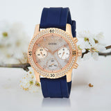Guess Confetti Diamonds Gold Dial Blue Rubber Strap Watch For Women - W1098L6 Authentic Buy Shop Now
