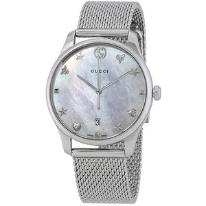 Gucci G-Timeless Mother of Pearl Dial Silver Mesh Bracelet Watch For Women - YA126583 Authentic Buy Shop Now
