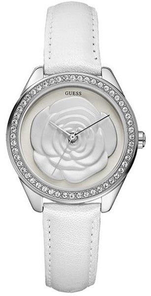 Guess Rosette Analog White Dial White Leather Strap Watch For Women - W75043L1 Authentic Buy Shop Now
