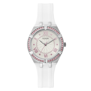 Guess Sparkling Silver Dial White Rubber Strap Watch For Women - GW0032L1 Authentic Buy Shop Now