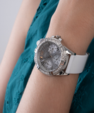 Guess Frontier Diamonds Silver Dial White Rubber Strap Watch For Women - W1160L4 Authentic Buy Shop Now