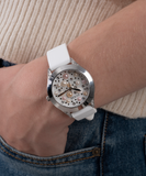 Guess Wanderlust Crystals Silver Dial White Rubber Strap Watch for Women - W1059L1 Authentic Buy Shop Now