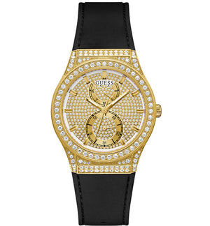 Guess Princess Crystals Gold Dial Black Silicone Strap Watch For Women - GW0439L2 Authentic Buy Shop Now