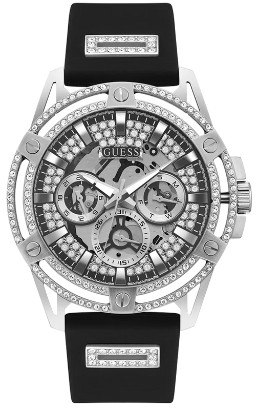 Guess King Quartz Crystals Silver Dial Black Silicone Strap Watch For Men - GW0537G1 Authentic Buy Shop Now
