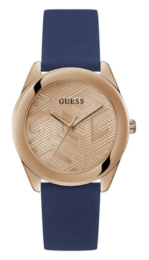 Guess Cubed Analog Rose Gold Dial Blue Leather Strap Watch For Women - GW0665L2 Authentic Buy Shop Now