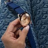 Guess Cubed Analog Rose Gold Dial Blue Leather Strap Watch For Women - GW0665L2 Authentic Buy Shop Now