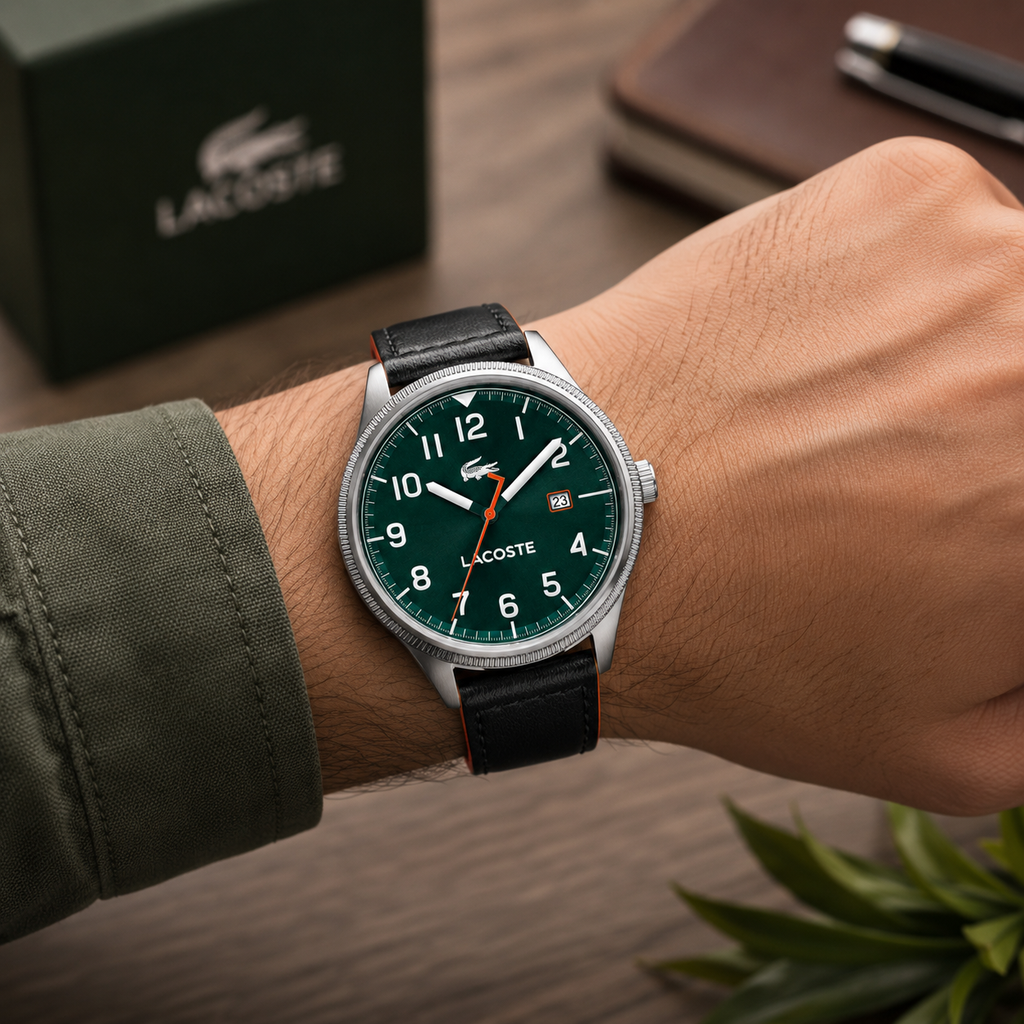 Lacoste Continental Green Dial Black Leather Strap Watch for Men - 2011019 Authentic Buy Shop Now