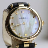 Gucci Diamantissima Quartz Mother of Pearl Dial Black Leather Strap Watch for Women - YA141404 Authentic Buy Shop Now