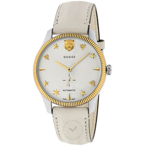 Gucci G Timeless Automatic Silver Dial Beige Leather Strap Watch For Men - YA126348 Authentic Buy Shop Now