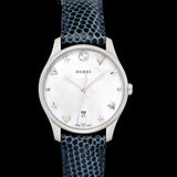 Gucci G-Timeless Signature Mother of Pearl Silver Dial Blue Leather Strap Watch For Women - YA1264049 Authentic Buy Shop Now
