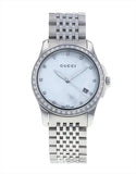 Gucci G Timeless Diamonds Mother of Pearl Dial Silver Steel Strap Watch For Women - YA126506 Authentic Buy Shop Now