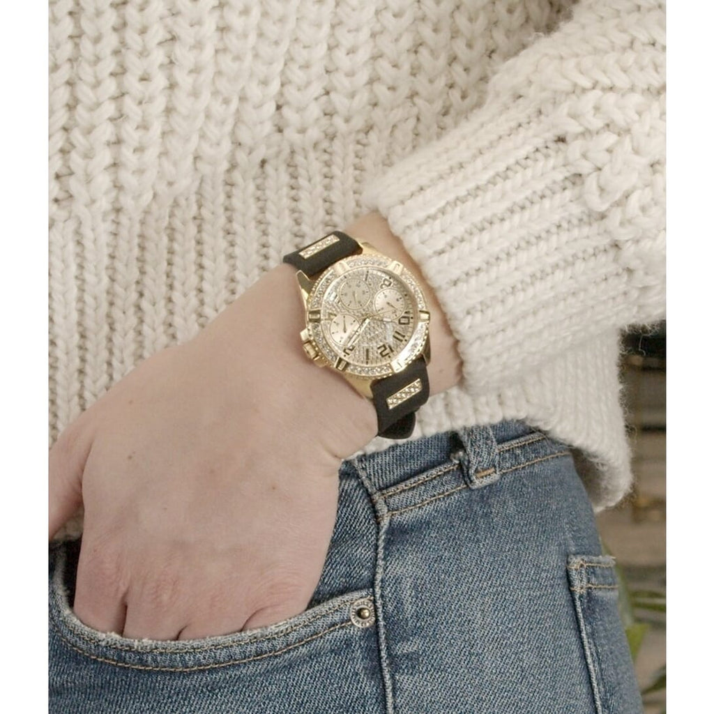 Guess Frontier Diamonds Gold Dial Black Rubber Strap Watch For Women - W1160L1 Authentic Buy Shop Now