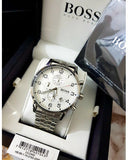 Hugo Boss Aeroliner Chronograph White Dial Silver Steel Strap Watch For Men - 1512445 Authentic Buy Shop Now