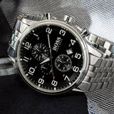 Hugo Boss Aeroliner Chronograph Quartz Black Dial Silver Steel Strap Watch For Men - HB1512446 Authentic Buy Shop Now