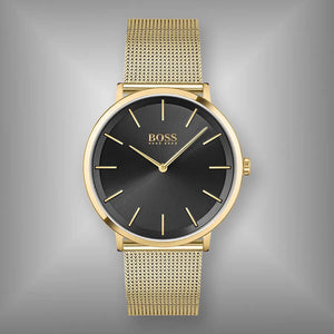 Hugo Boss Horizon Quartz Black Dial Gold Mesh Bracelet Watch For Men - 1513735 Authentic Buy Shop Now