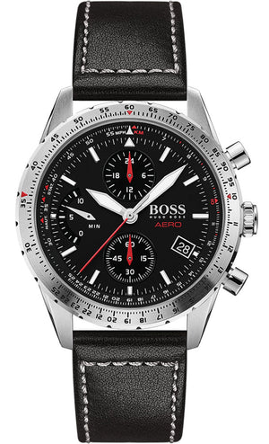 Hugo Boss Aero Chronograph Black Dial Black Leather Strap Watch for Men - 1513770 Authentic Buy Shop Now