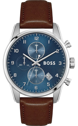 Hugo Boss Skymaster Blue Dial Brown Leather Strap Watch for Men - 1513940 Authentic Buy Shop Now