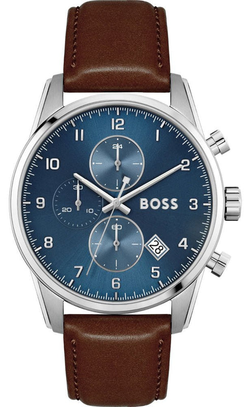 Hugo Boss Skymaster Blue Dial Brown Leather Strap Watch for Men - 1513940 Authentic Buy Shop Now