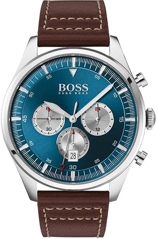 Hugo Boss Pioneer Chronograph Blue Dial Brown Leather Strap Watch For Men - 1513709 Authentic Buy Shop Now