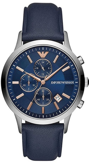Emporio Armani Renato Chronograph Blue Dial Black Leather Strap Watch For Men - AR11216 Authentic Buy Shop Now