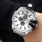 Diesel Mega Chief Chronograph Silver Dial Silver Steel Strap Watch For Men - DZ4501 Authentic Buy Shop Now