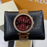 Michael Kors Parker Chronograph Red Dial Rose Gold Steel Strap Watch For Women - MK6106 Authentic Buy Shop Now