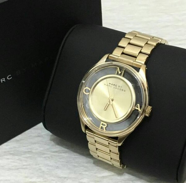 Marc Jacobs Marc Tether Transparent Gold Dial Gold Steel Strap Watch for Women - MBM3413 Authentic Buy Shop Now
