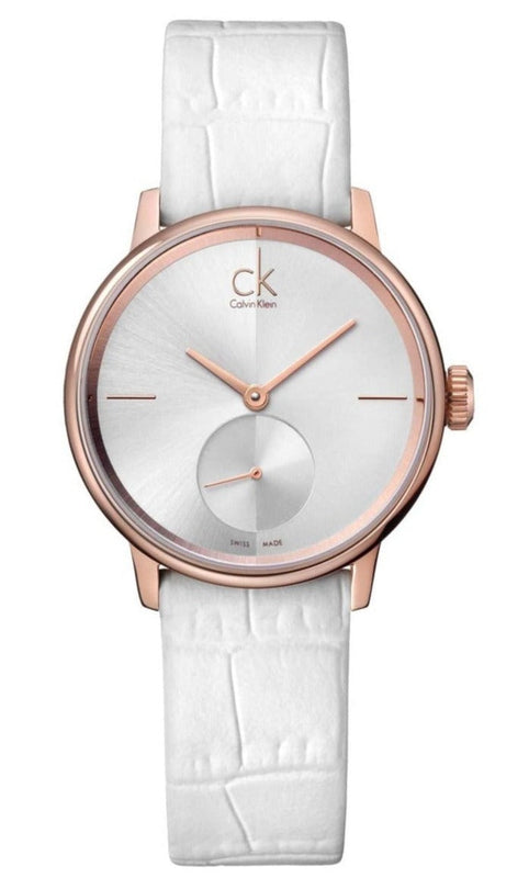Calvin Klein Accent Silver Dial White Leather Strap Watch for Women - K2Y236K6 Authentic Buy Shop Now