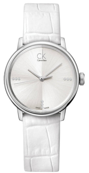 Calvin Klein Accent Silver Dial White Leather Strap Watch for Women - K2Y2Y1KW Authentic Buy Shop Now