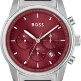 Hugo Boss Trace Chronograph Red Dial Silver Steel Strap Watch For Men - 1514004 Authentic Buy Shop Now