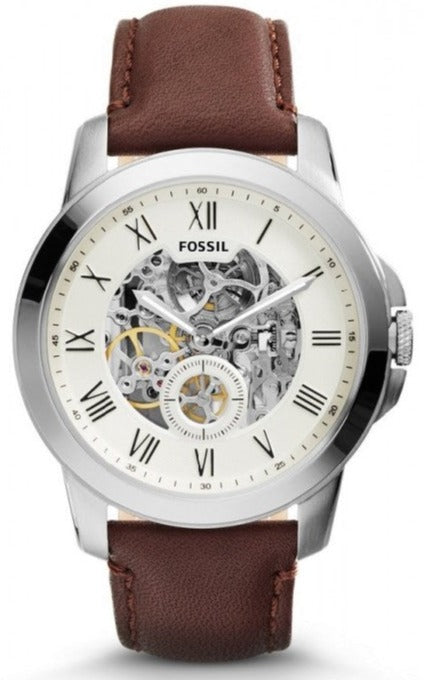 Fossil Grant Automatic Beige Skeleton Dial Brown Leather Strap Watch for Men - ME3099 Authentic Buy Shop Now