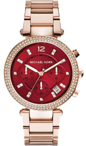Michael Kors Parker Chronograph Red Dial Rose Gold Steel Strap Watch For Women - MK6106 Authentic Buy Shop Now