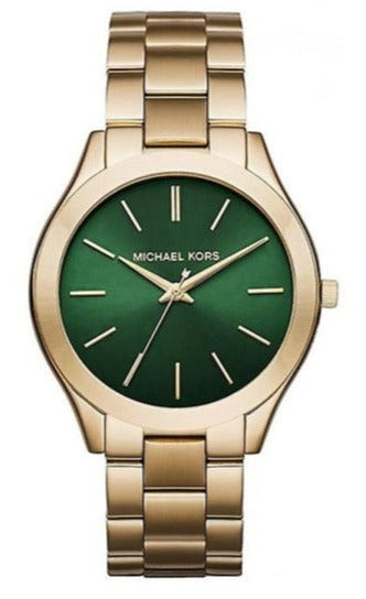 Michael Kors Slim Runway Green Dial Gold Steel Strap Watch for Women - MK3435 Authentic Buy Shop Now