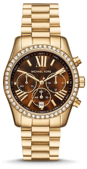 Michael Kors Lexington Chronograph Brown Dial Gold Steel Strap Watch For Women - MK7276 Authentic Buy Shop Now