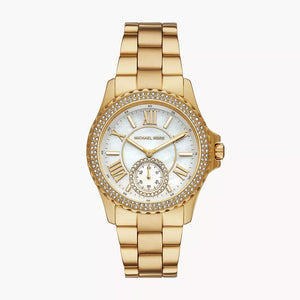 Michael Kors Everest Three Hand Mother of Pearl White Dial Gold Steel Strap Watch For Women - MK7401 Authentic Buy Shop Now