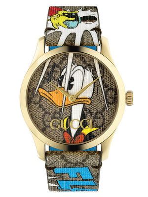 Gucci G Timeless Disney Donald Duck Brown Dial Brown Leather Strap Watch For Women - YA1264167 Authentic Buy Shop Now