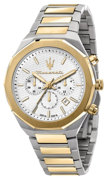 Maserati Stile Chronograph White Dial Two Tone Steel Strap Watch For Men - R8873642009 Authentic Buy Shop Now