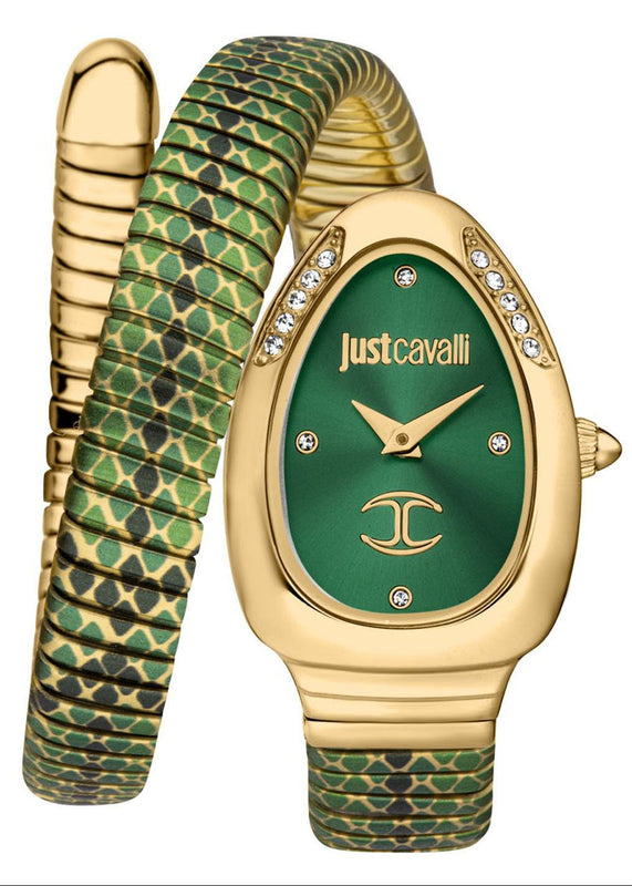 Just Cavalli Pelle Solo Snake Green Dial Three Tone Steel Strap Watch for Women - JC1L251M0035 Authentic Buy Shop Now