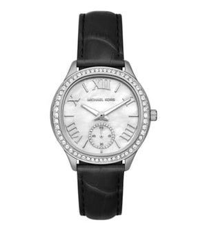 Michael Kors Sage Three-Hand Mother of Pearl White Dial Black Leather Strap Watch for Women - MK4821 Authentic Buy Shop Now