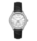 Michael Kors Sage Three-Hand Mother of Pearl White Dial Black Leather Strap Watch for Women - MK4821 Authentic Buy Shop Now