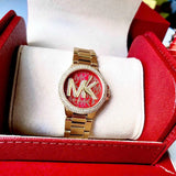 Michael Kors Camille Analog Red Dial Gold Steel Strap Watch For Women - MK7196 Authentic Buy Shop Now