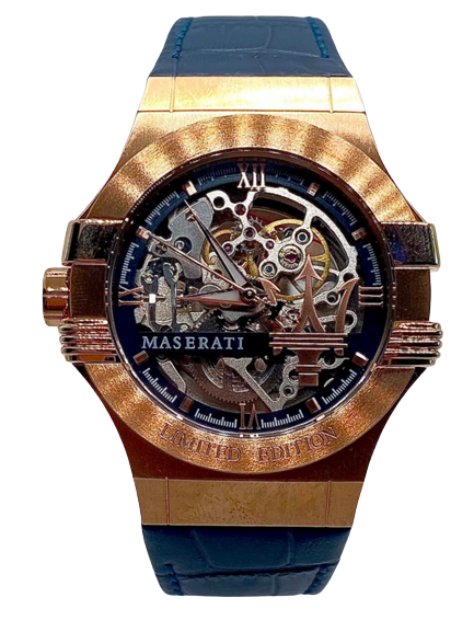 Maserati Automatic Skeleton Dial Rose Gold Blue Leather Strap Watch For Men - R8821108022 Authentic Buy Shop Now